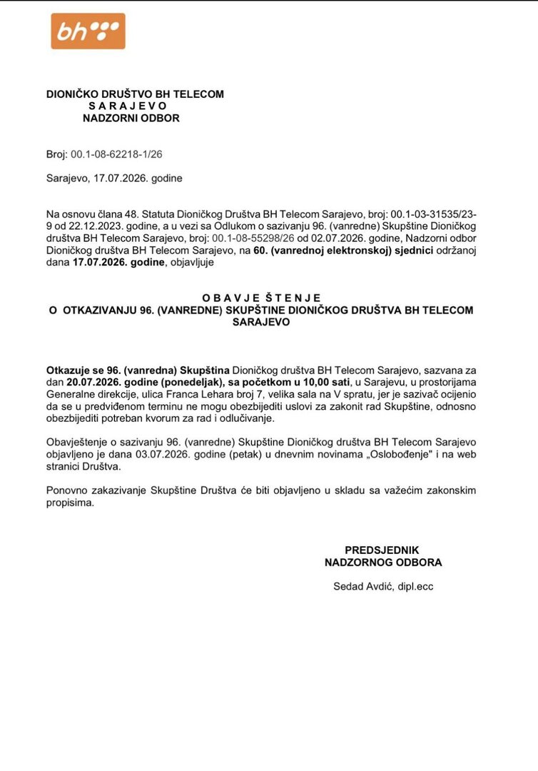 Otkazana vanredna Skupština BH Telecoma: Za sada ništa od preuzimanja Telemacha - slika 1