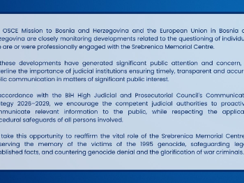 OSCE i Delegacija EU u BiH prate slučaj saslušanja osoba povezanih sa Memorijalnim centrom Srebrenica