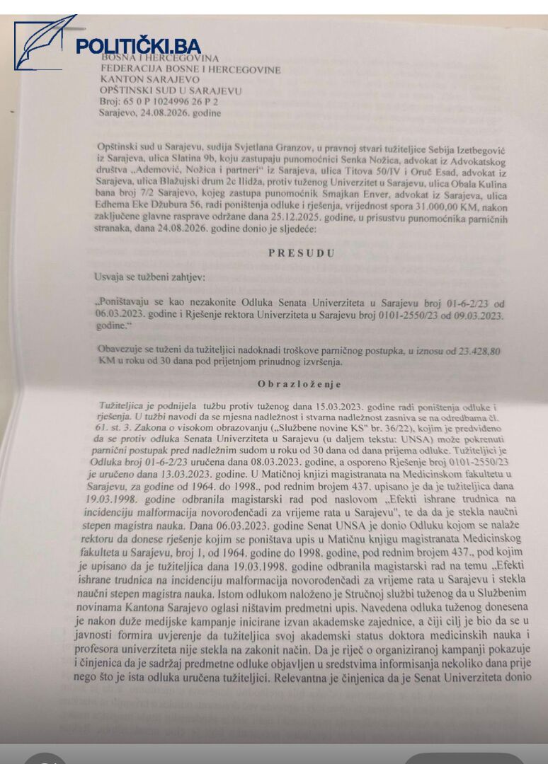 PRESUDIO OPŠTINSKI SUD U SARAJEVU: Poništene odluke UNSA, Sebiji Izetbegović vraćeno zvanje magistra nauka - slika 2