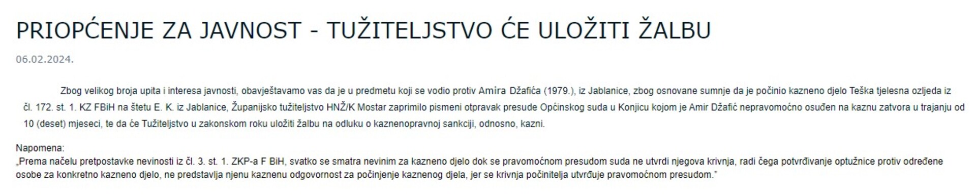 Tužilaštvo HNK najavilo žalbu na presudu batinašu iz Jablanice - slika 1