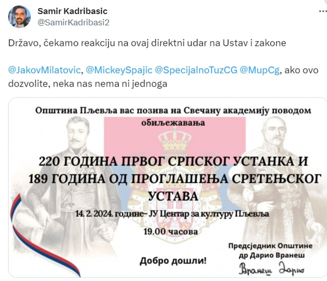 U Pljevljima spremaju proslavu praznika iz Srbije. Bošnjaci burno reagirali - slika 1