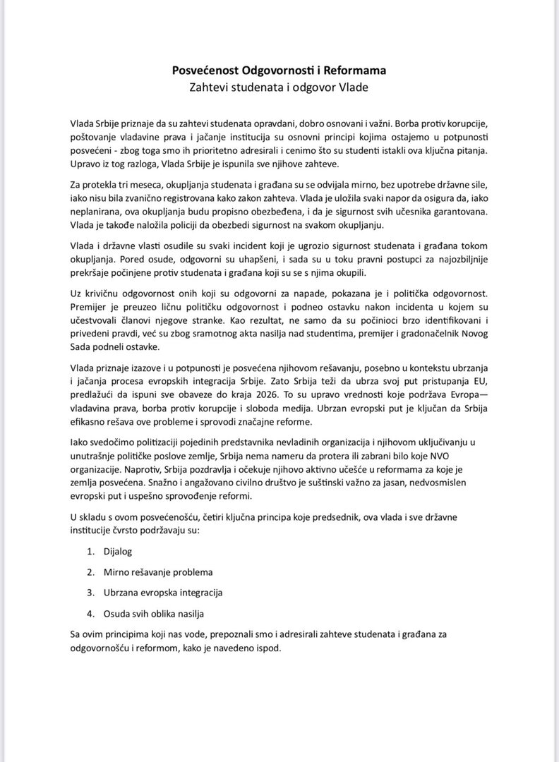 Vlada Srbije: “Studentski zahtjevi su opravdani i ispunjeni” - slika 4