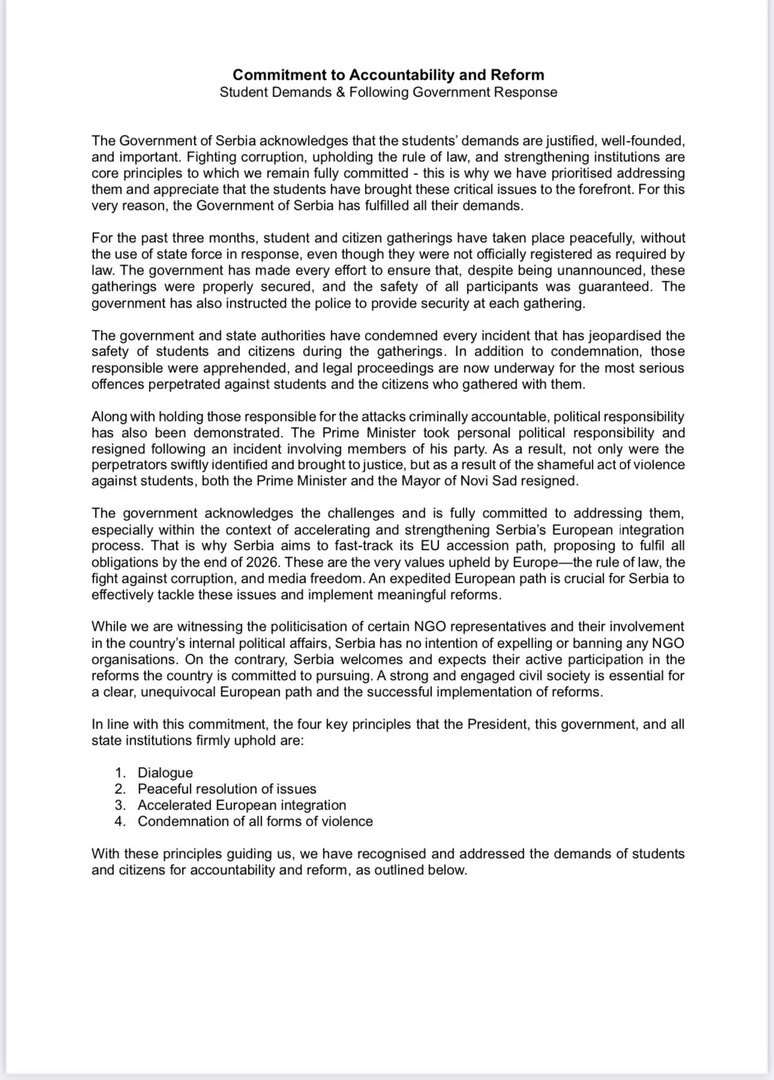 Vlada Srbije: “Studentski zahtjevi su opravdani i ispunjeni” - slika 2