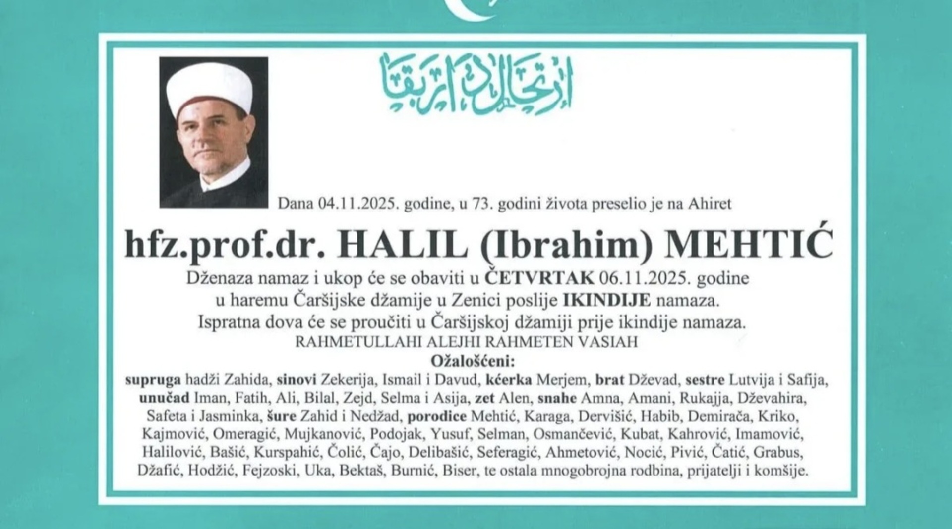 Poznato mjesto i vrijeme dženaze hafizu Halilu Mehtiću - slika 1