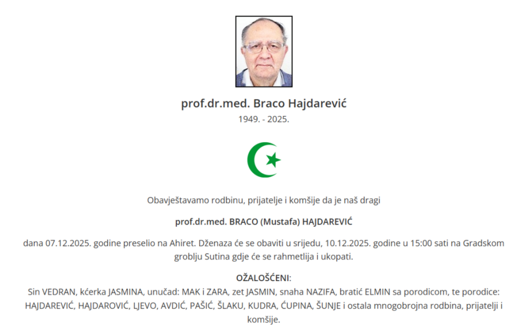 Preminuo poznati mostarski ljekar i hirurg Braco Hajdarević - slika 1