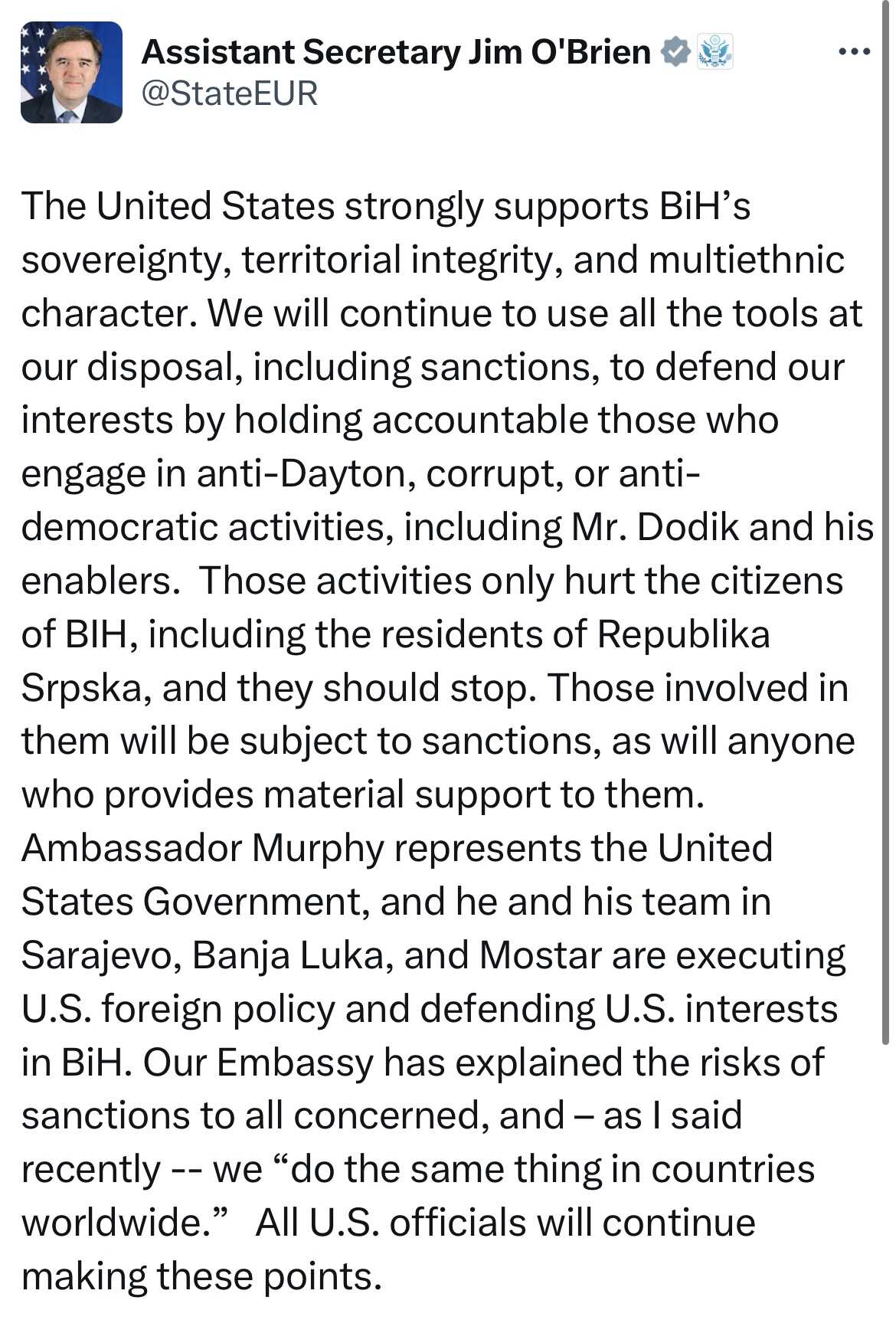 O'Brien oštro zaprijetio Dodiku, ali i njegovim pomagačima